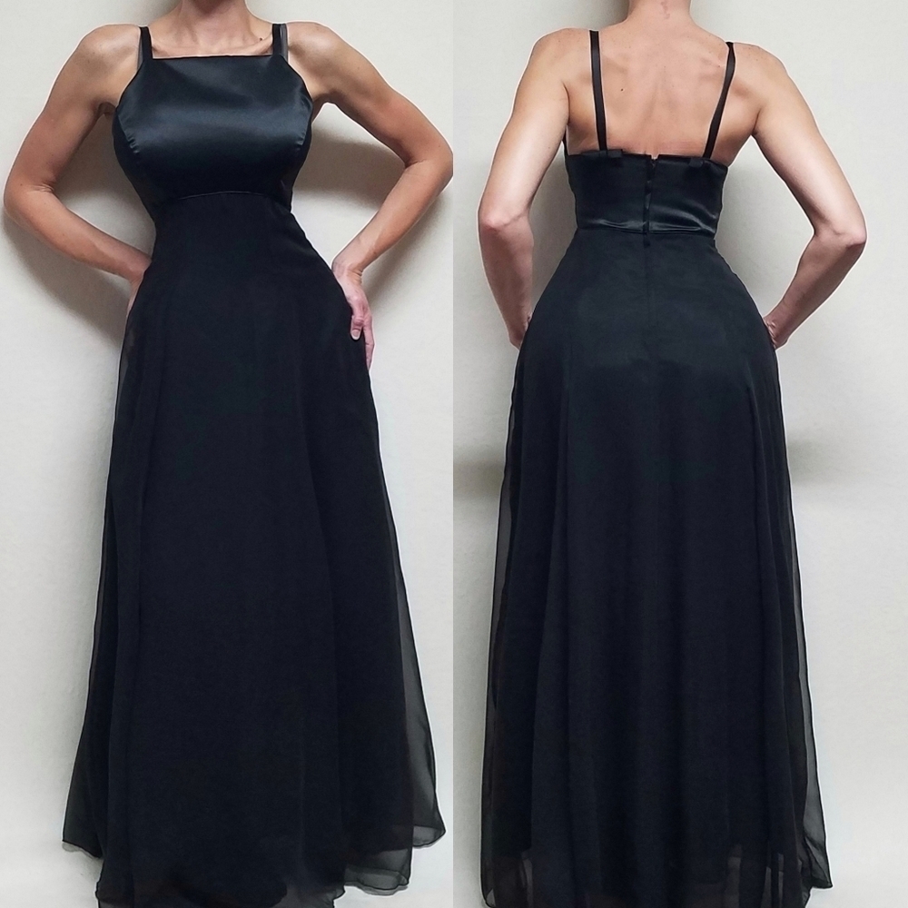 70s Vintage Alfred Angelo Black Satin Chiffon Contrast Bow Detail Maxi Dress M